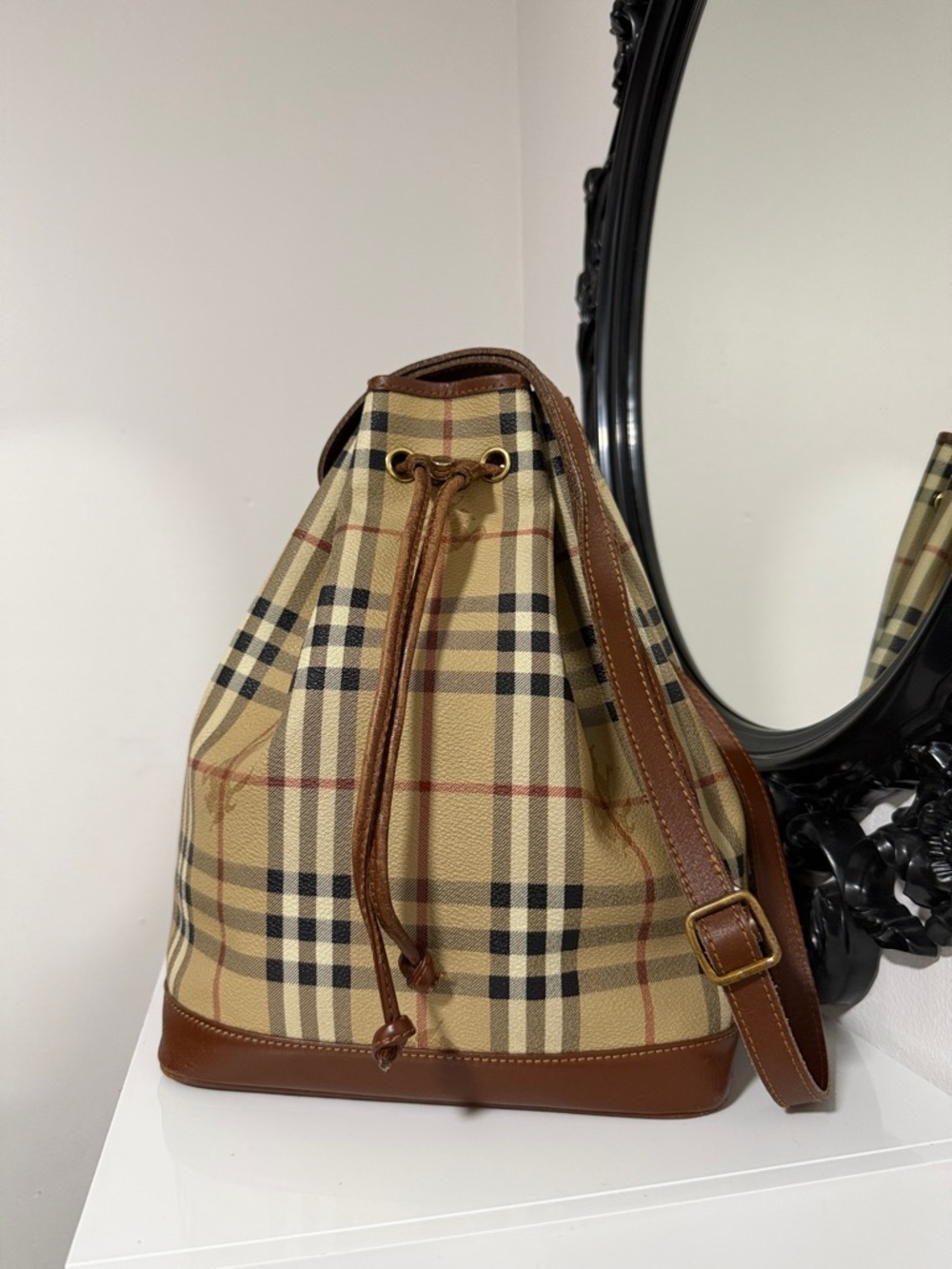 Burberry Vintage Haymarket Beige and Brown Plaid Drawstring Messenger Bag